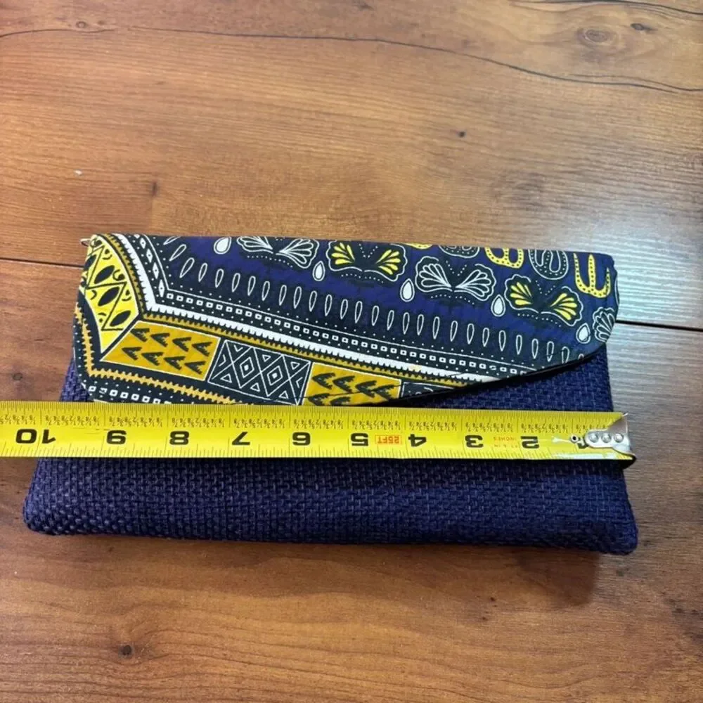 Ethnic African Dashiki Print Envelope Clutch Purse Purple Yellow Woven Tweed